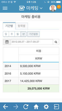 총 마케팅 비용 보기 화면