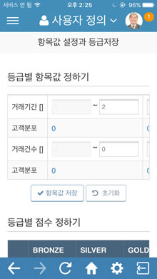 항목값 설정과 등급 저장 화면