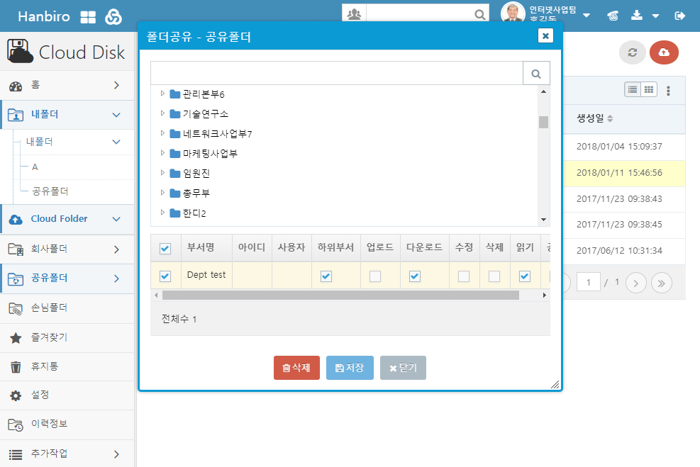 파일/폴더 공유 - 공유 대상자 선택 및 권한 설정(업로드, 다운로드, 수정, 삭제, 읽기, 공유) 가능