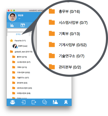 부서별로 구분되어 있는 메신저 화면